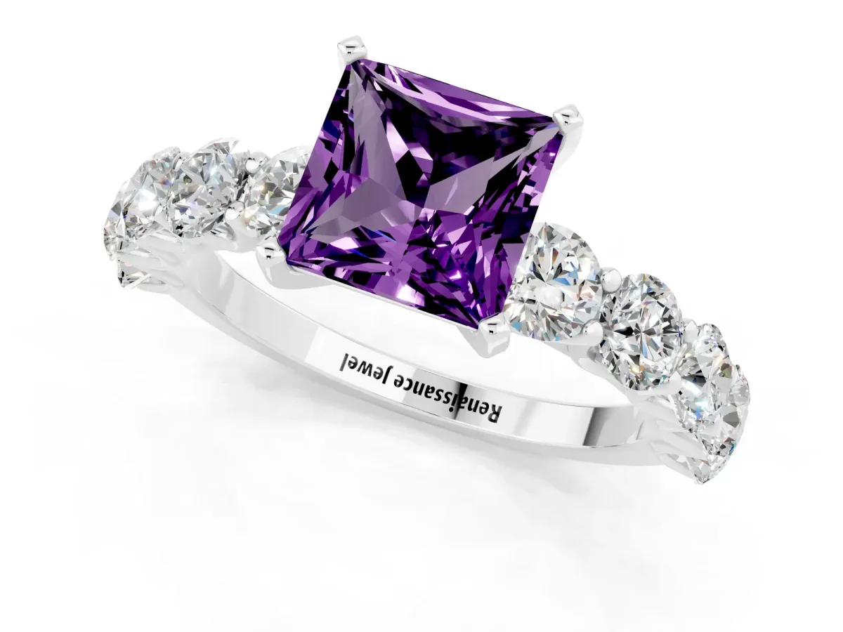 Princess Cut Amethyst Prong Setting with Side Stones on a Pave Band Silver