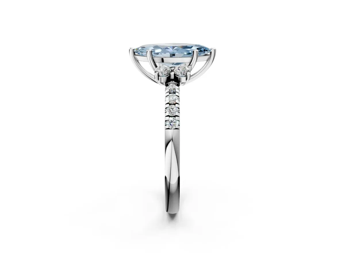 Fancy Blue Marquise Cut Diamond Three-Stone Pave Band with Four-Prong Setting Silver