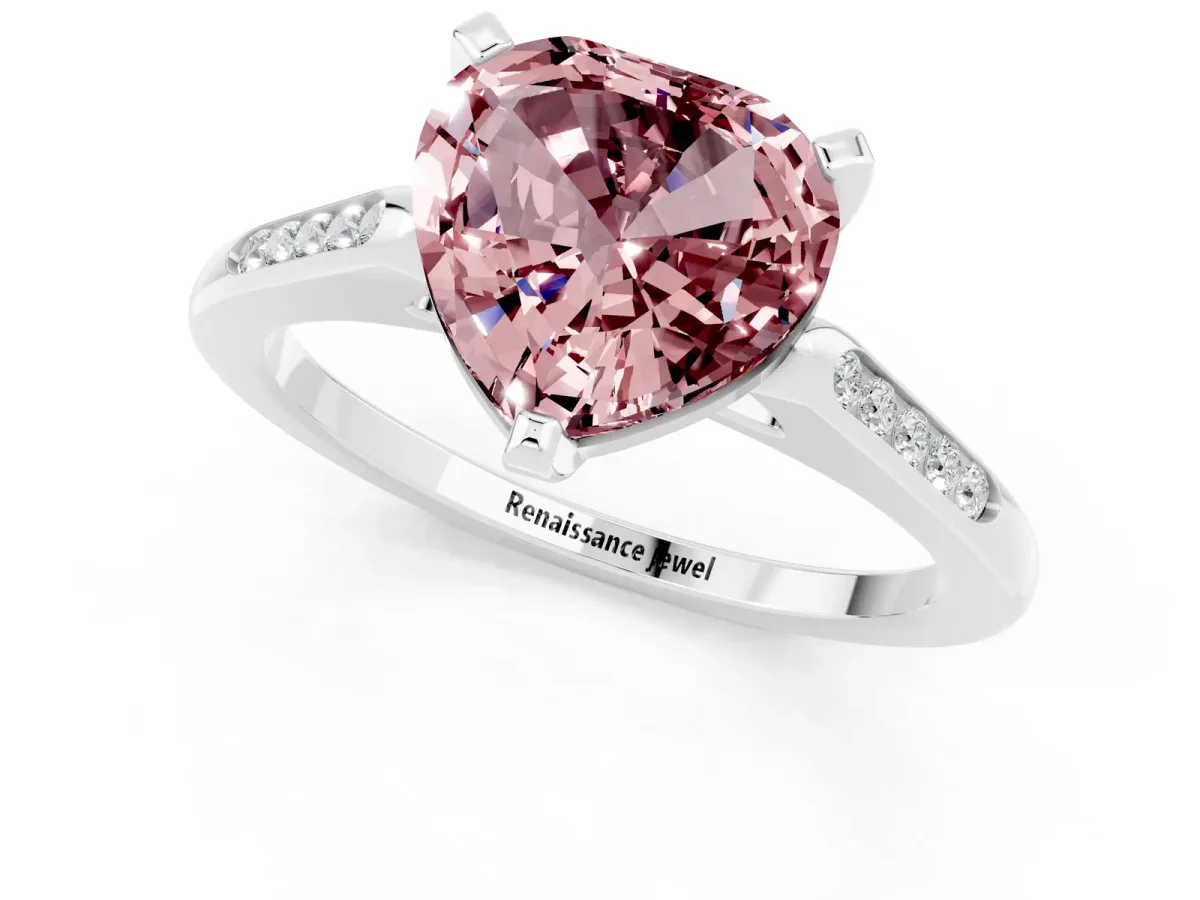 Heart Cut Morganite Solitaire Ring with Channel Set Round Band and Prong Setting Silver