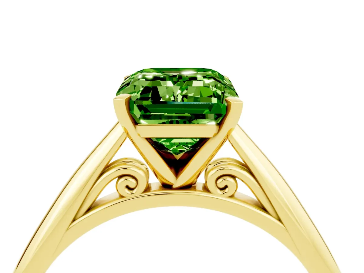 Emerald Cut Peridot Solitaire Engagement Ring with Cathedral Setting and Four-Prong Mount Yellow gold