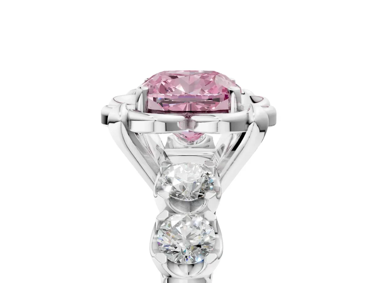 Fancy Pink Cushion Cut Cut Diamond Floral Halo Engagement Ring with Shared Prong Setting Silver