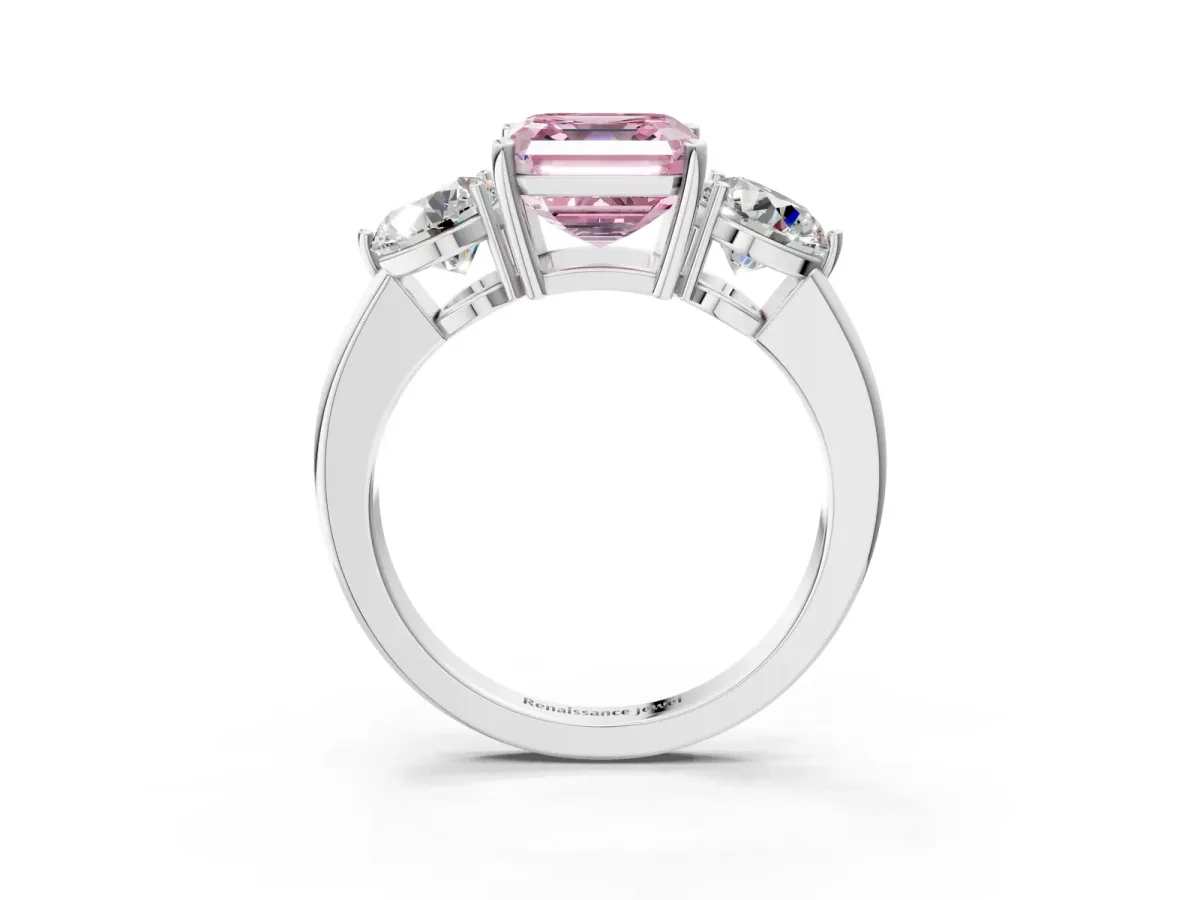 Fancy Pink Asscher Cut Diamond Three-Stone Ring with Prong Setting and Classic Band Platinum