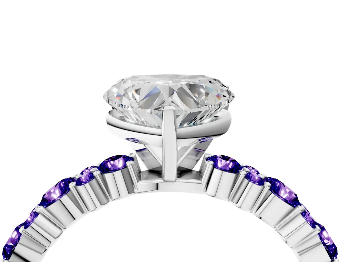 Heart Cut Diamond Side Stone Solitaire Ring with Round Tanzanite and Four-Prong Setting Platinum