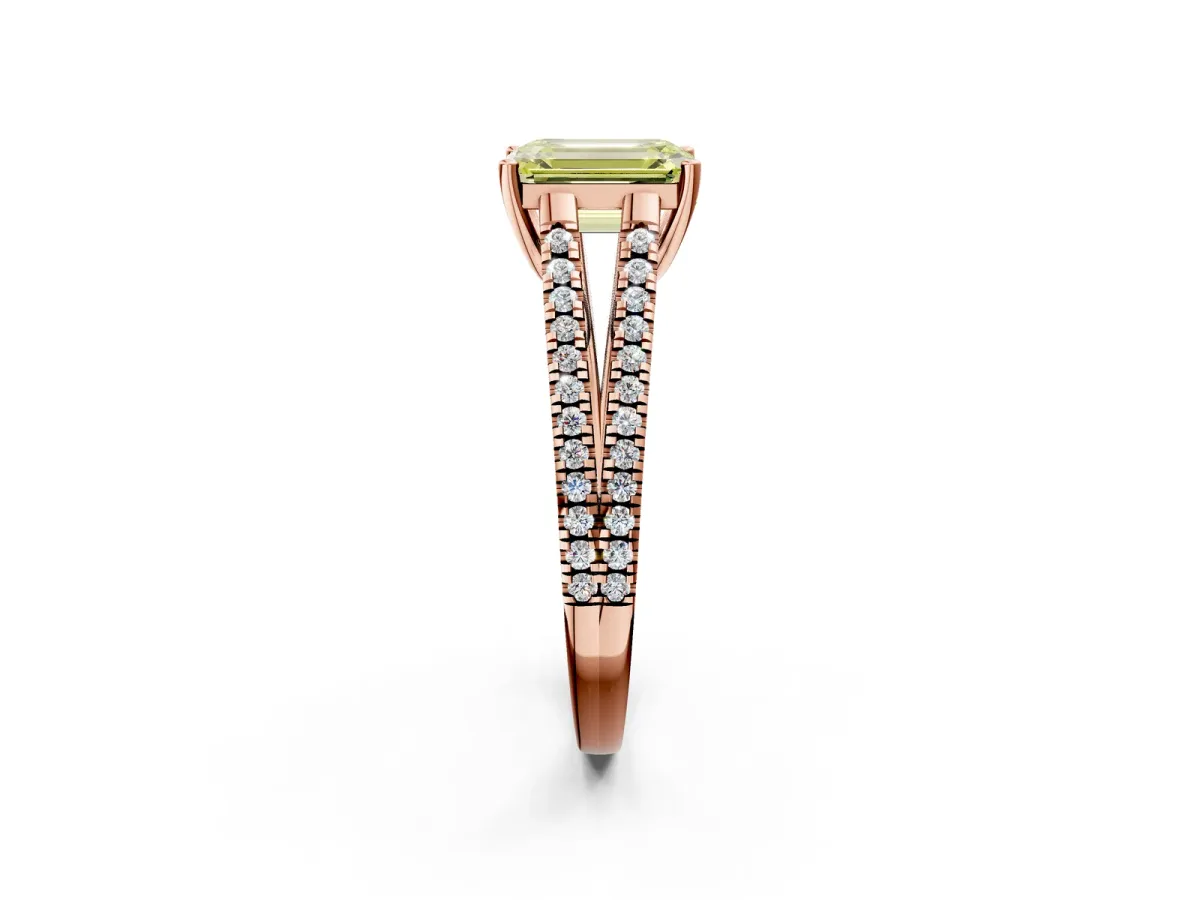 Fancy Yellow Emerald Cut Diamond Solitaire Engagement Ring with Split Shank Pavé Band Rose gold