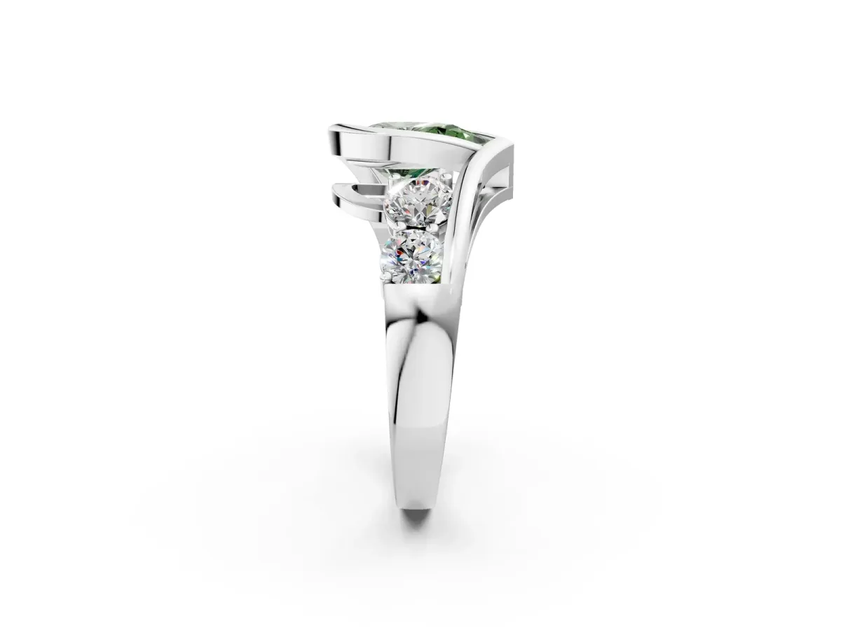 Fancy Green Bezel Set Pear Cut Diamond Bypass Ring with Round Accents Silver