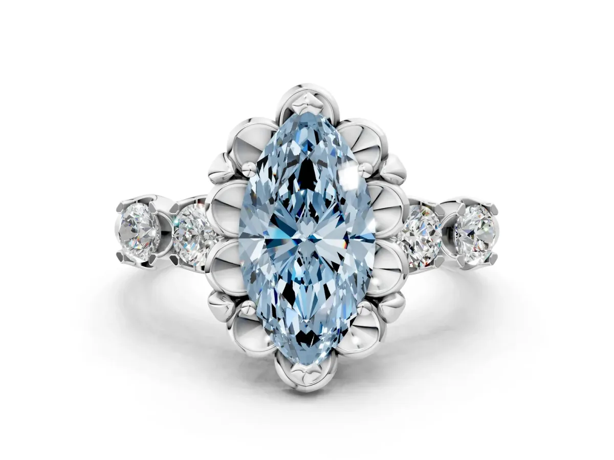 Fancy Blue Marquise Cut Cut Diamond Floral Halo Engagement Ring with Shared Prong Setting Silver