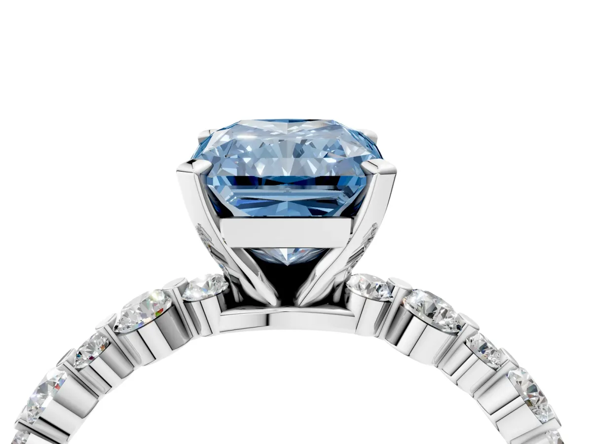 Fancy Blue Radiant Cut Diamond Prong Set Engagement Ring with Pavé Band Platinum