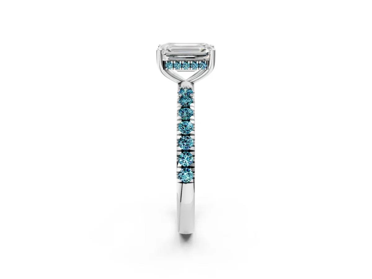 Emerald Cut Diamond Pave Band Solitaire Ring with Round Blue Topaz and Prong Setting Platinum