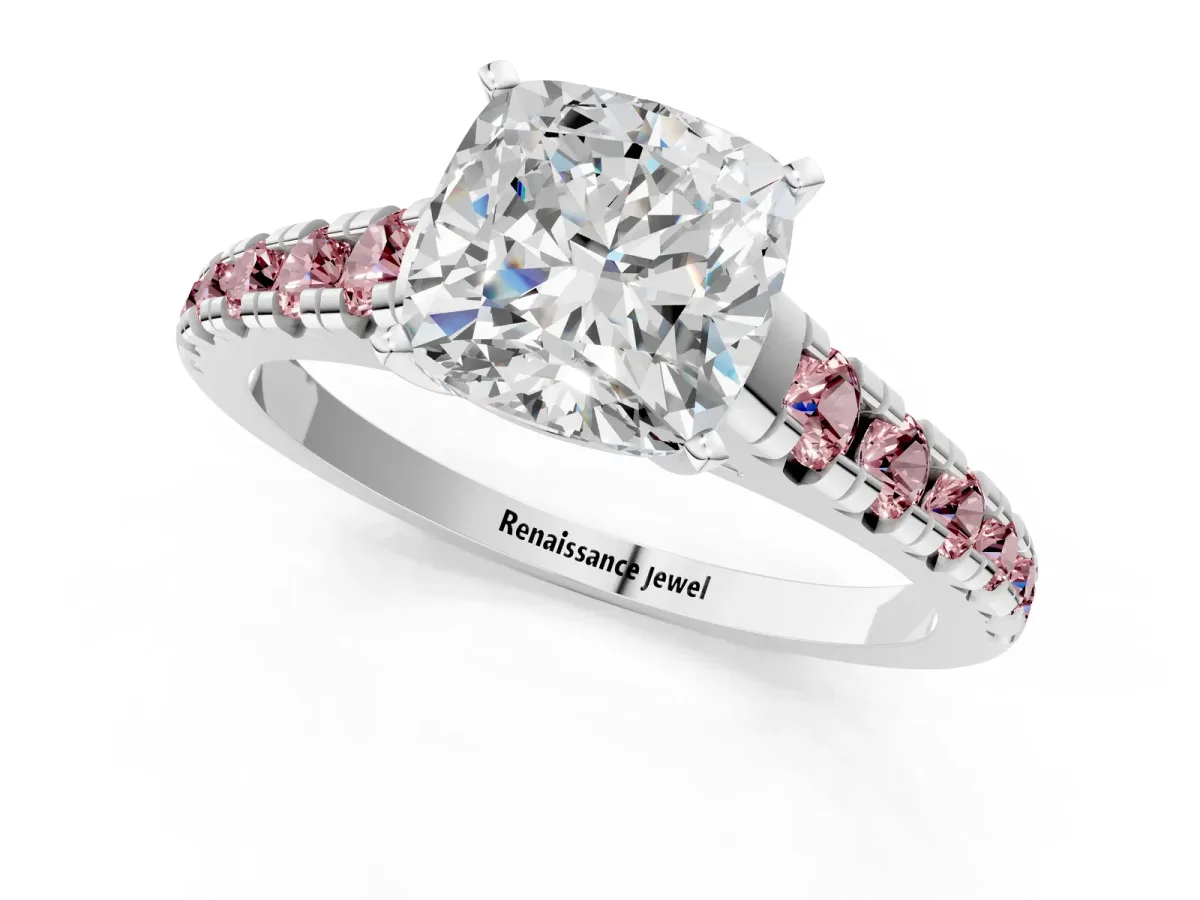 Cushion Cut Diamond Cathedral Solitaire Ring with Round Morganite Pavé Band Silver