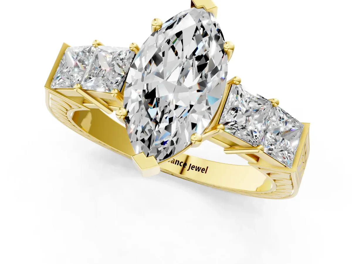 Marquise Cut Solitaire Princess Side Stone Engraved Band Prong Setting Ring Yellow gold