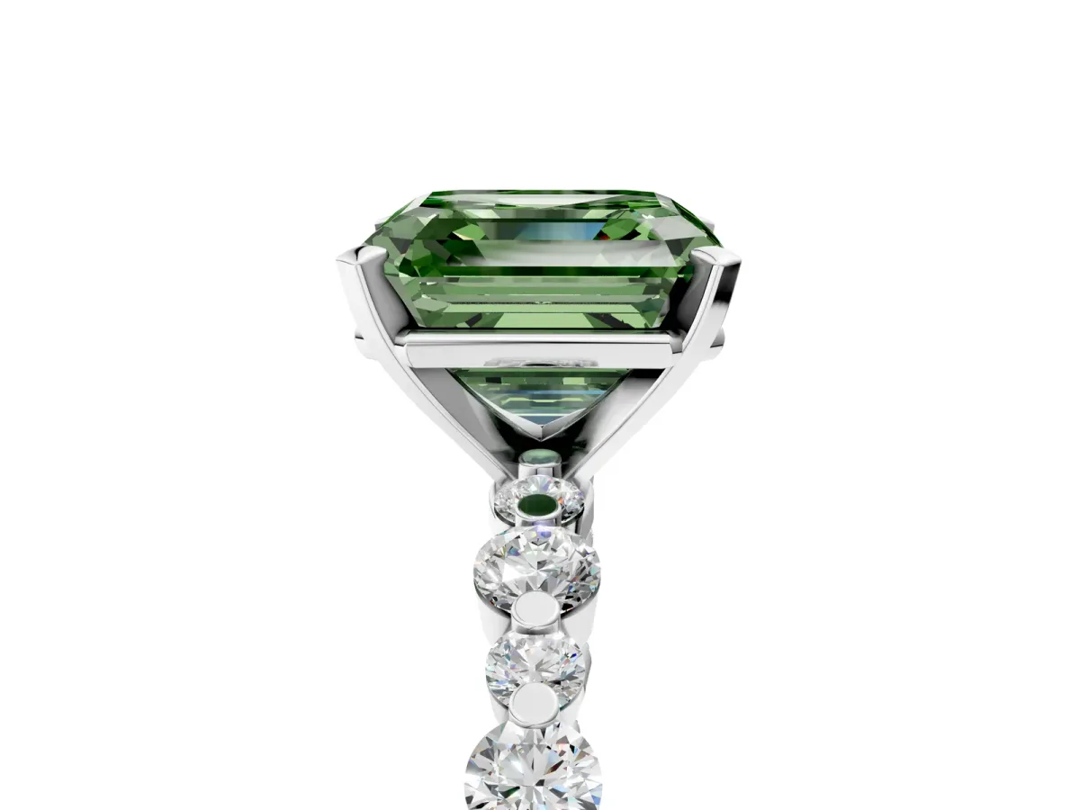 Fancy Green Asscher Cut Diamond Prong Set Engagement Ring with Pavé Band Platinum