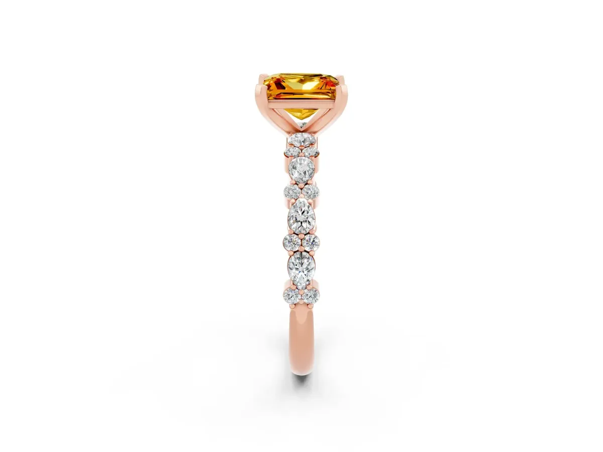 Princess Cut Citrine Side Stone Solitaire Ring with Round and Four-Prong Setting Rose gold