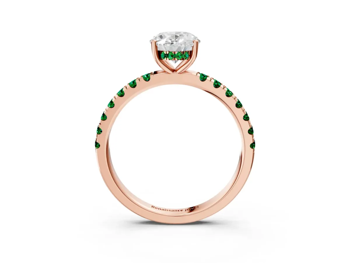Oval Cut Diamond Pave Band Solitaire Ring with Round Emerald and Prong Setting Rose gold