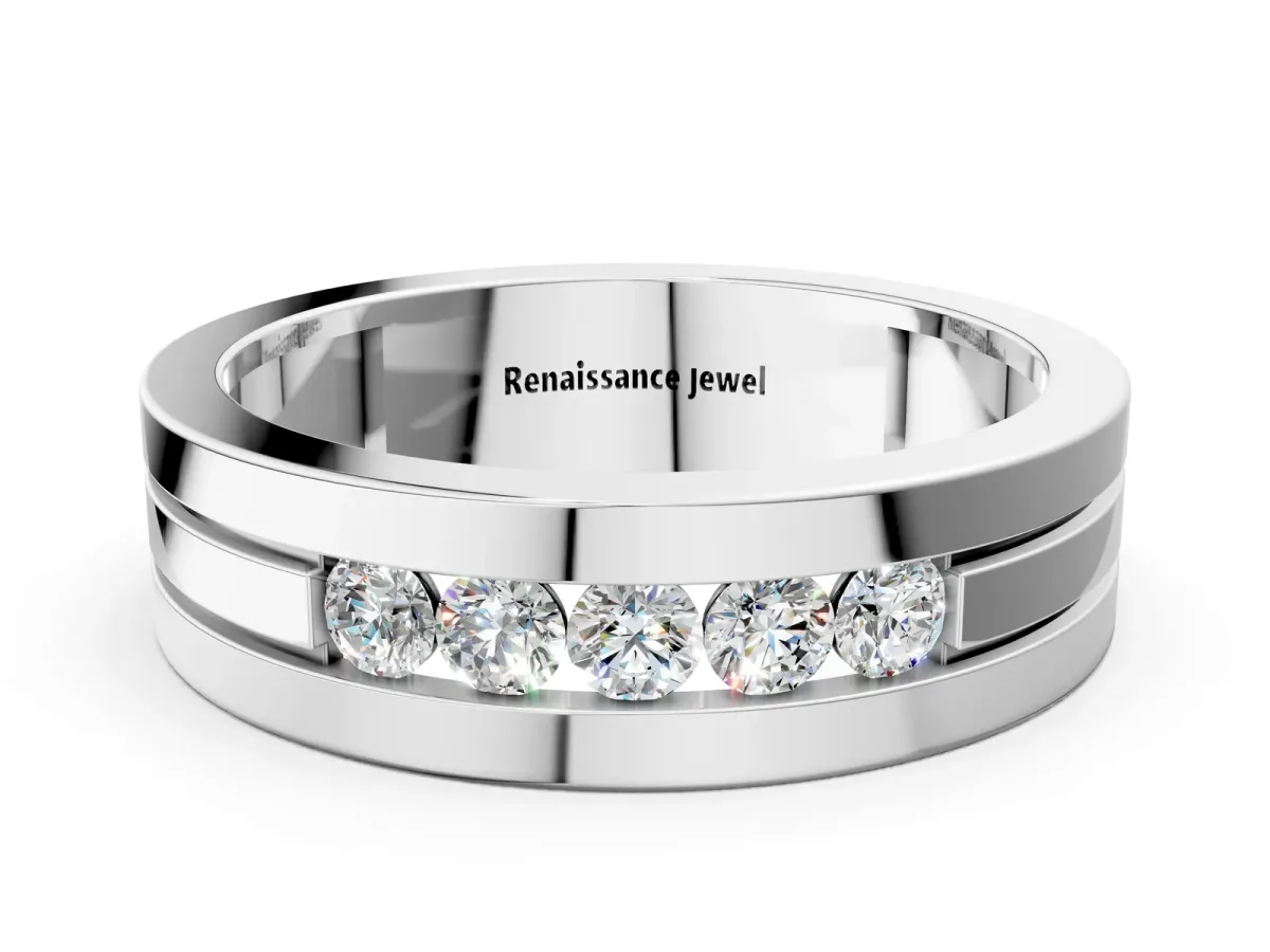 Round Diamond Five-Stone Channel Set Mens Band Silver