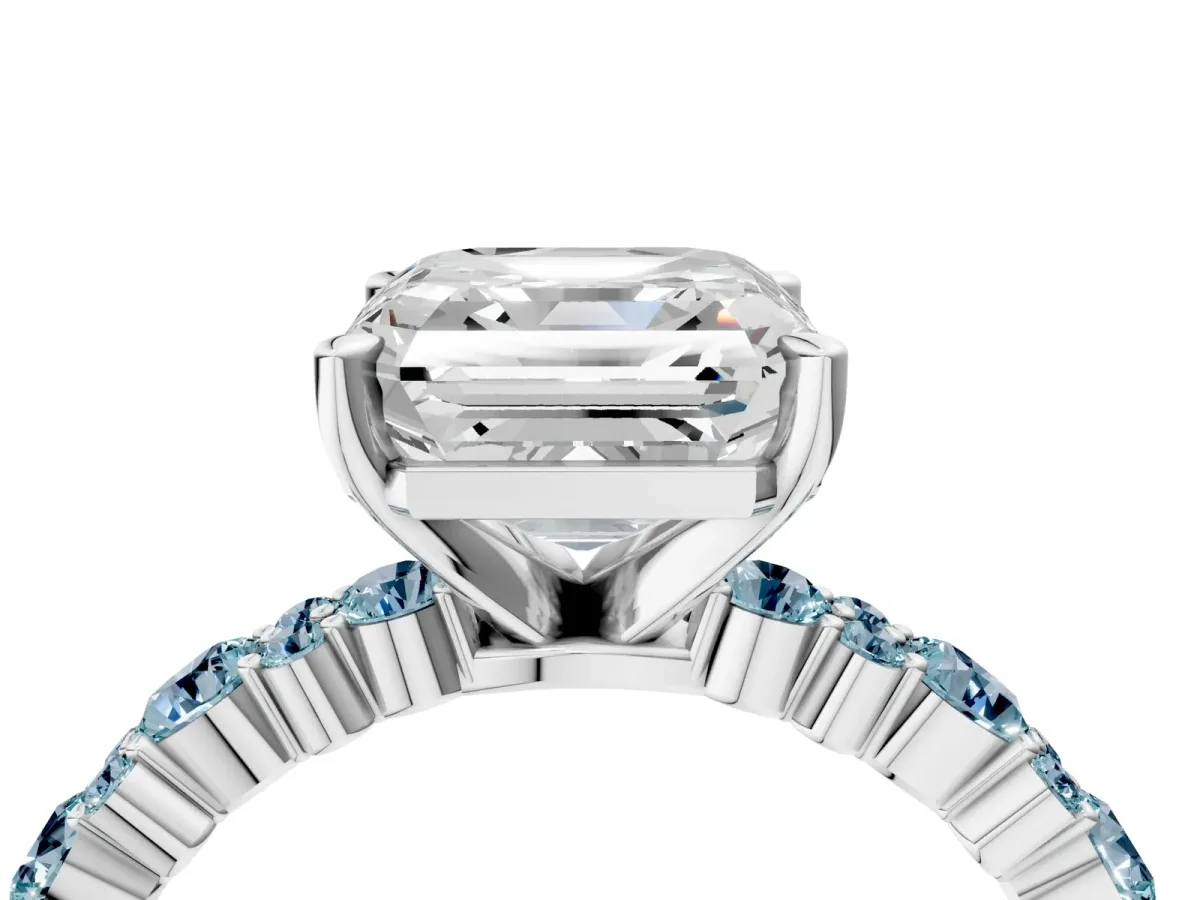 Asscher Cut Diamond Side Stone Solitaire Ring with Round Aquamarine and Four-Prong Setting Silver