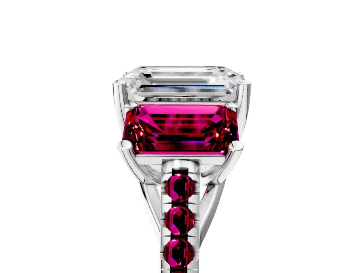 Three-Stone Emerald Cut Diamond Ring with Round Garnet Pavé Band and Prong Setting Platinum