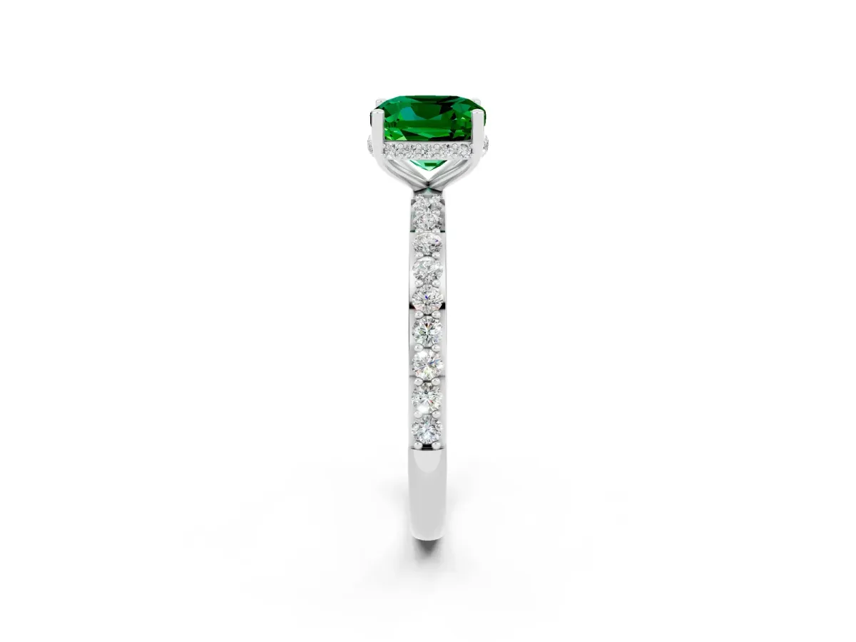 Cushion Cut Emerald Solitaire Ring with Pavé Band and Hidden Halo Silver
