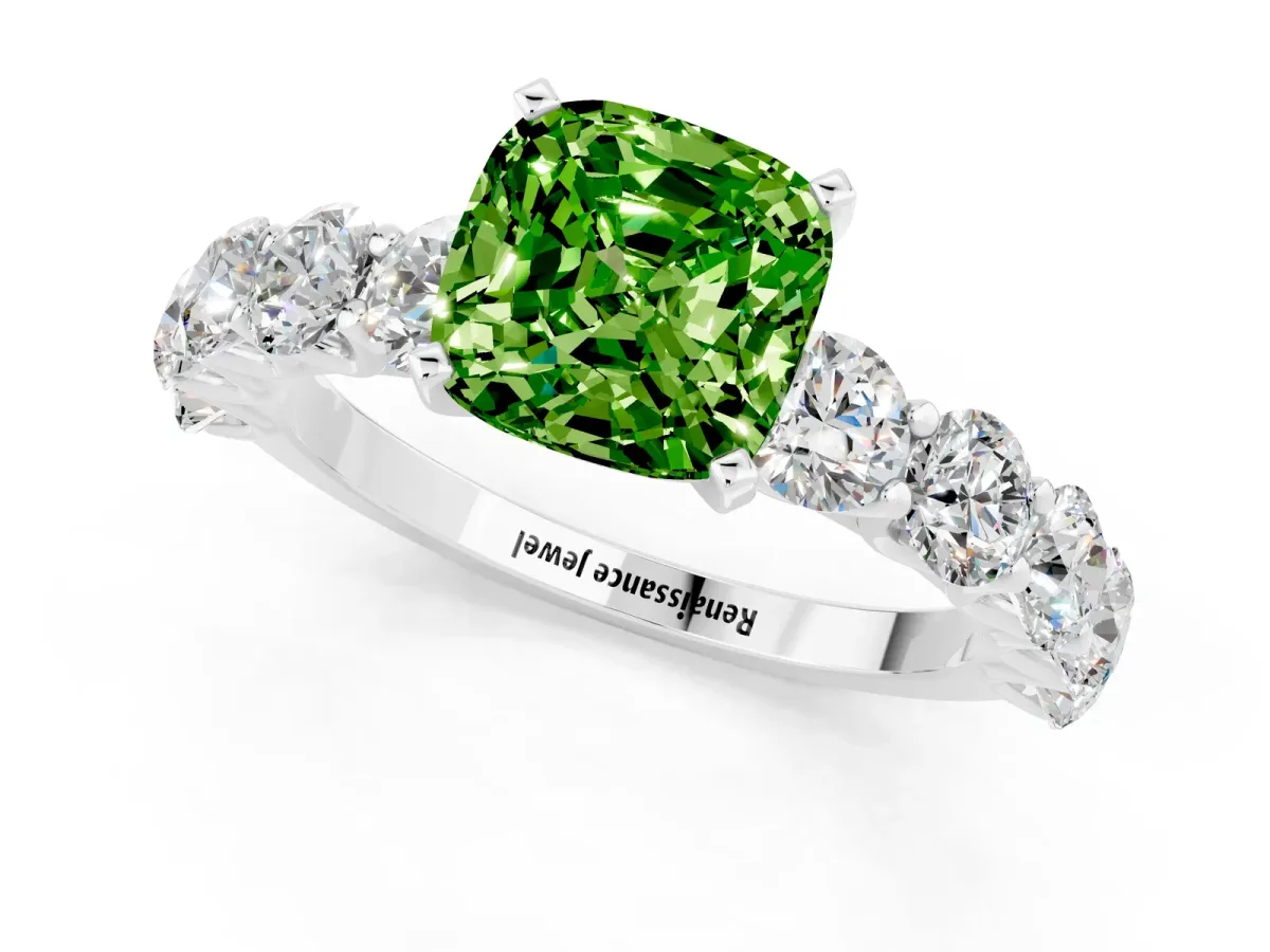 Cushion Cut Peridot Prong Setting with Side Stones on a Pave Band Silver