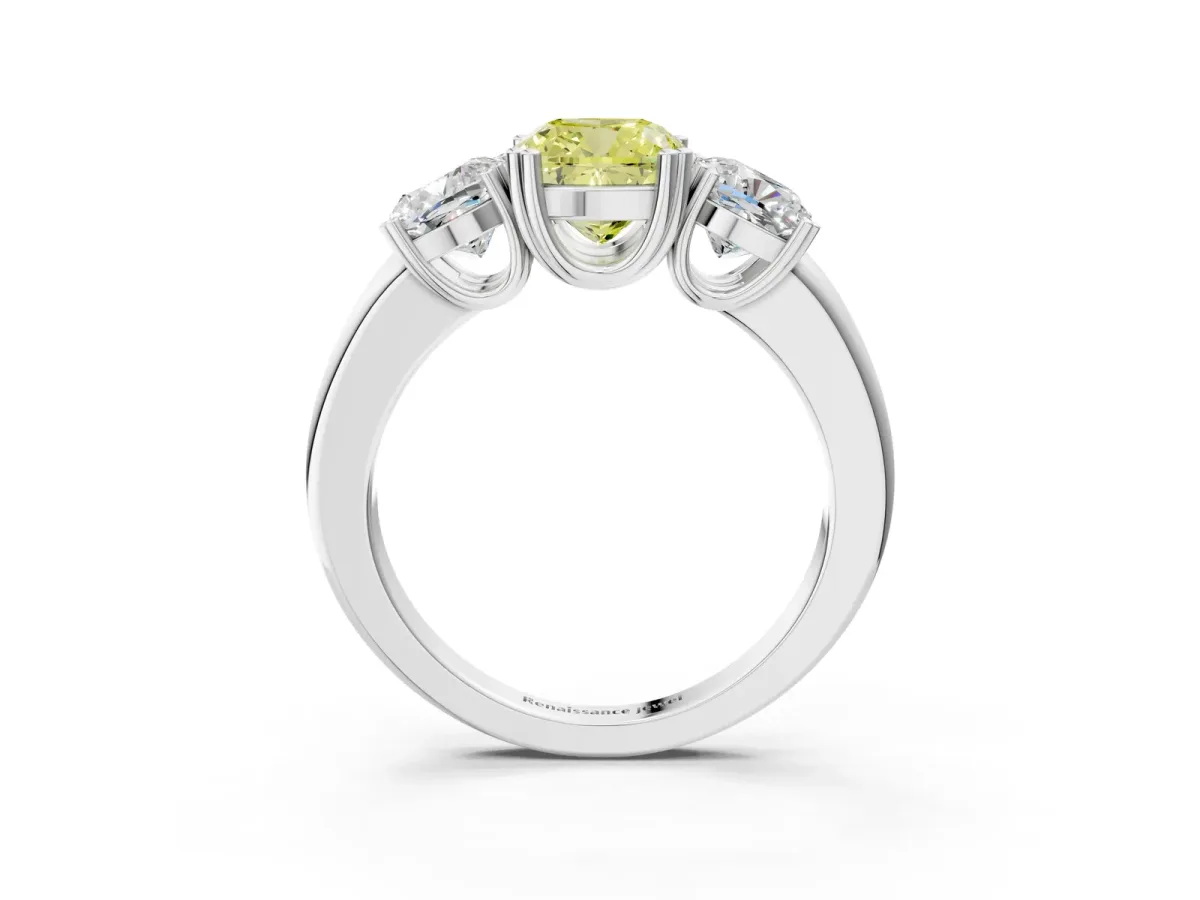 Fancy Yellow Three-Stone Cushion Cut Cut Diamond Ring with Channel Set Band and Four-Prong Setting Silver