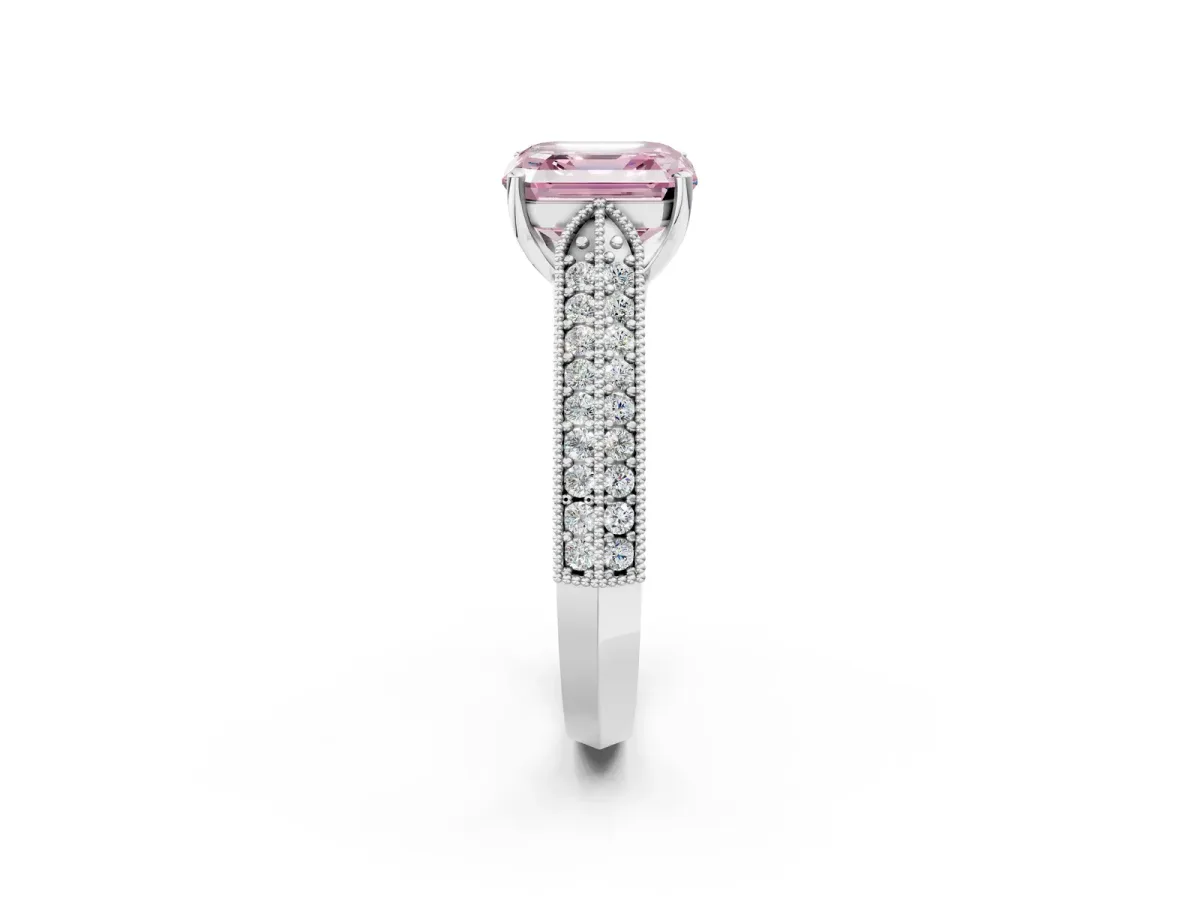 Fancy Pink Asscher Cut Cut Pave Split Shank Engagement Ring with Four-Prong Setting Platinum