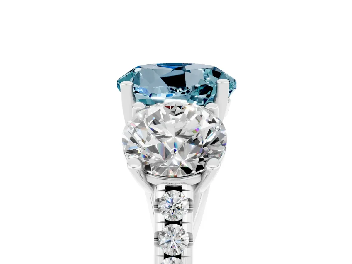 Three-Stone Round Cut Aquamarine Ring with Round Pavé Band and Prong Setting Silver