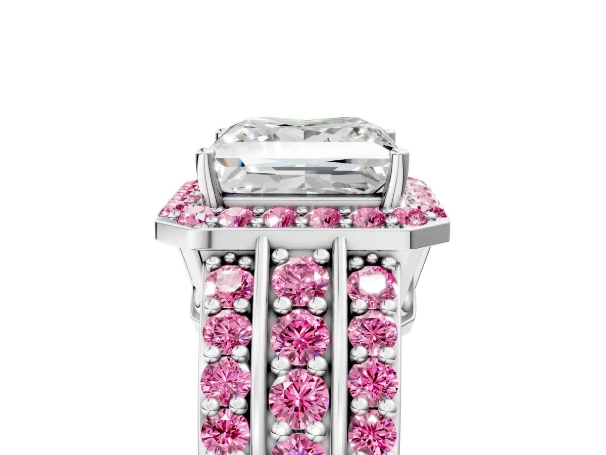 Princess Cut Halo Diamond Ring with Round Pink Sapphire Split Shank and Prong Setting Silver