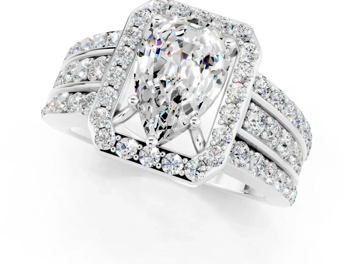 Pear Cut Halo Moissanite Ring with Round Split Shank and Prong Setting Silver