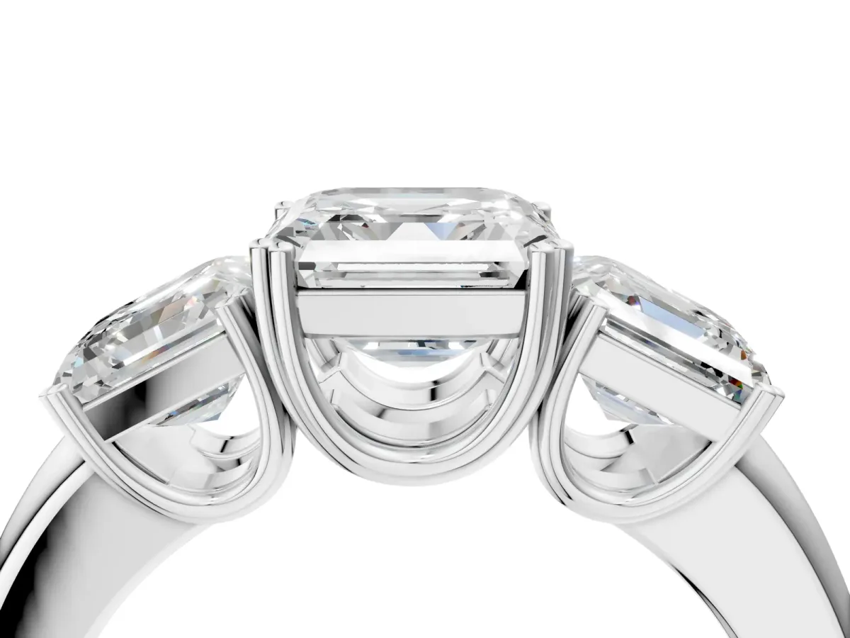 Three-Stone Asscher Cut Cut Diamond Ring with Channel Set Band and Four-Prong Setting White gold