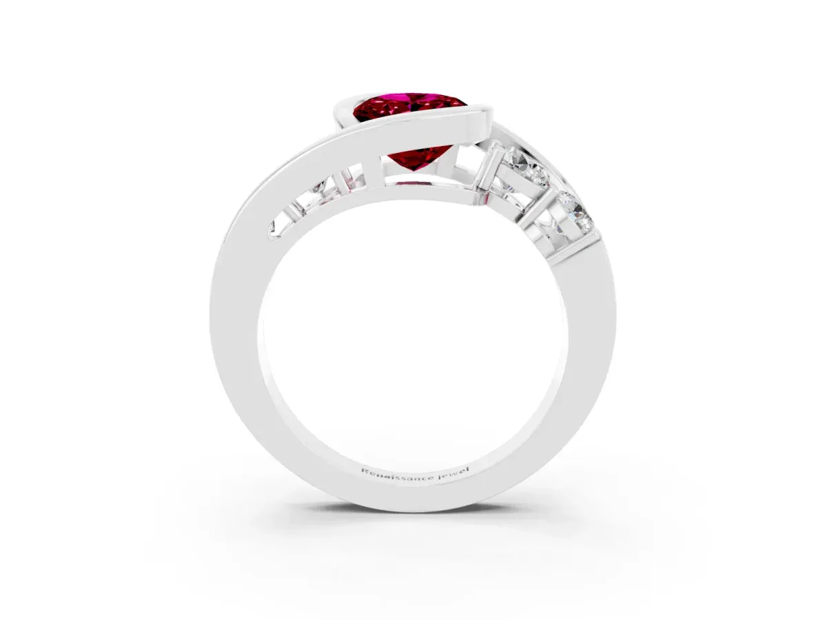 Bezel Set Oval Cut Garnet Bypass Ring with Round Accents Platinum
