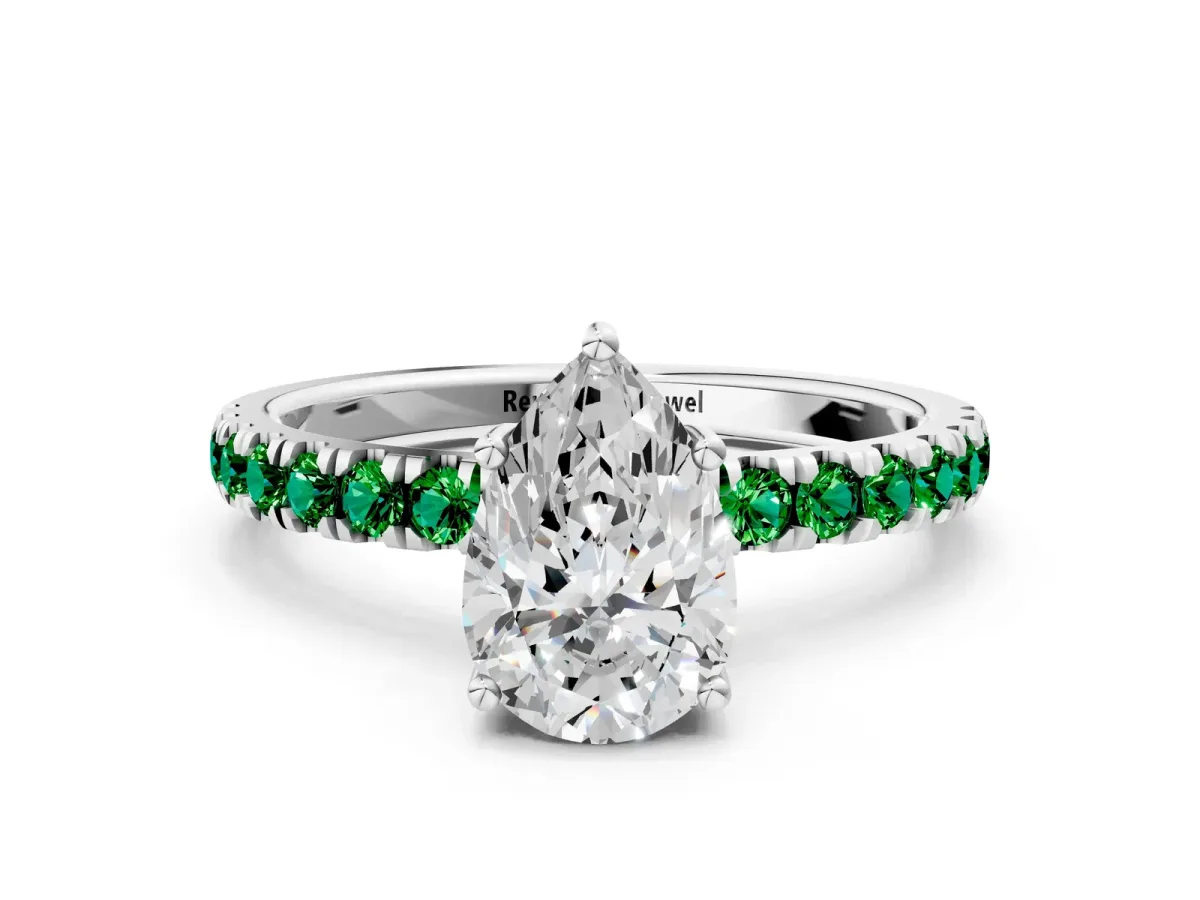 Pear Cut Diamond Pave Band Solitaire Ring with Round Emerald and Prong Setting Platinum