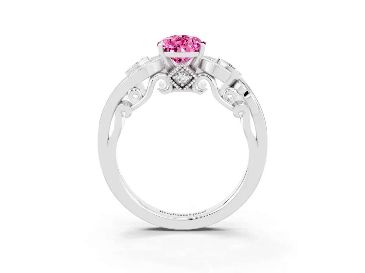 Pear Cut Pink Sapphire Solitaire Ring with Milgrain Pavé Band and Four-Prong Setting Silver