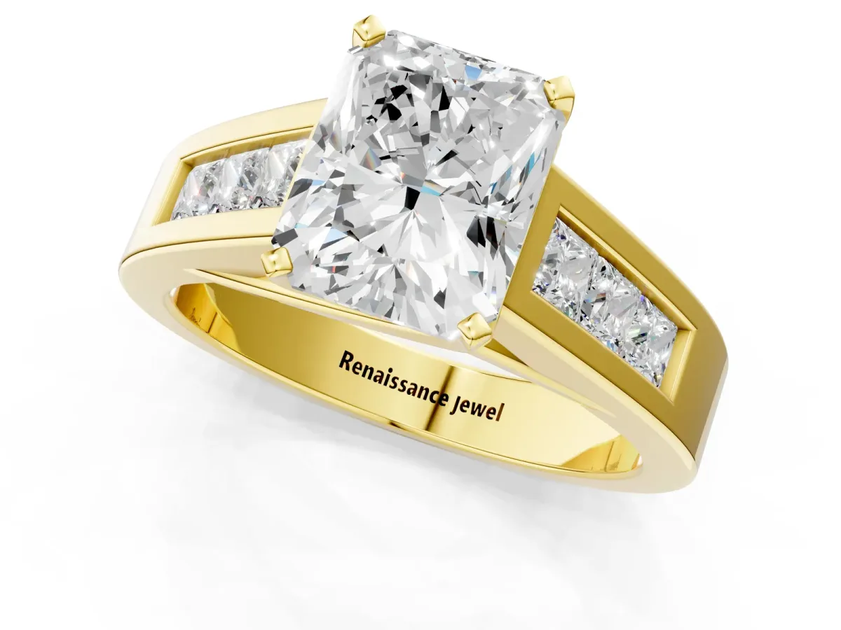 Radiant Cut Cut Channel Set Solitaire Ring with Four-Prong Setting Yellow gold