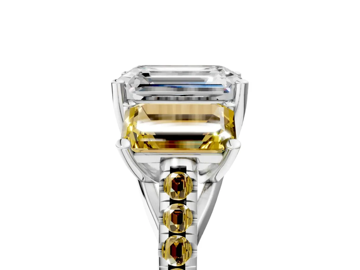 Three-Stone Emerald Cut Diamond Ring with Round Yellow Sapphire Pavé Band and Prong Setting Silver