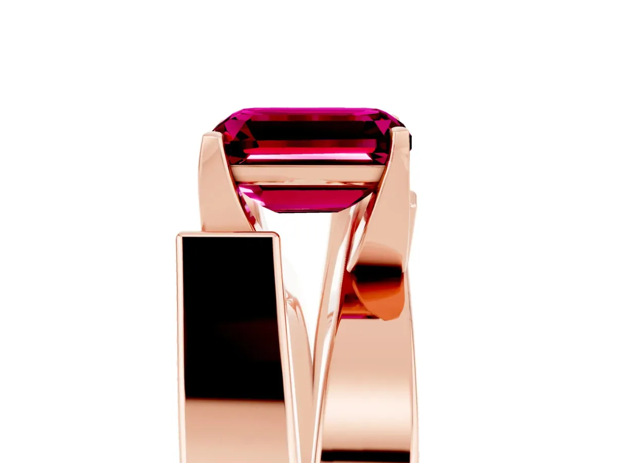 Modern Tension Set Emerald Cut Garnet Solitaire Wide Band Ring Rose gold