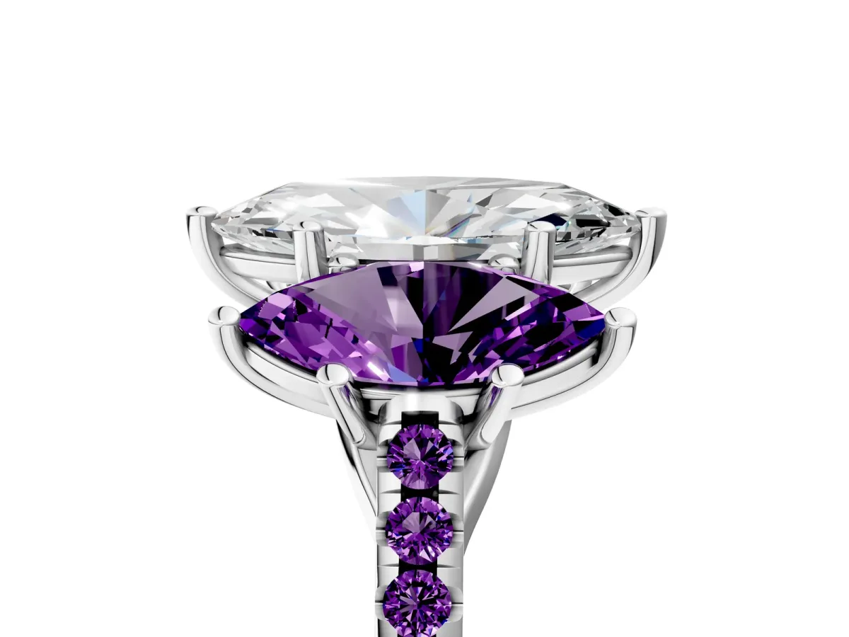 Three-Stone Marquise Cut Diamond Ring with Round Amethyst Pavé Band and Prong Setting Platinum