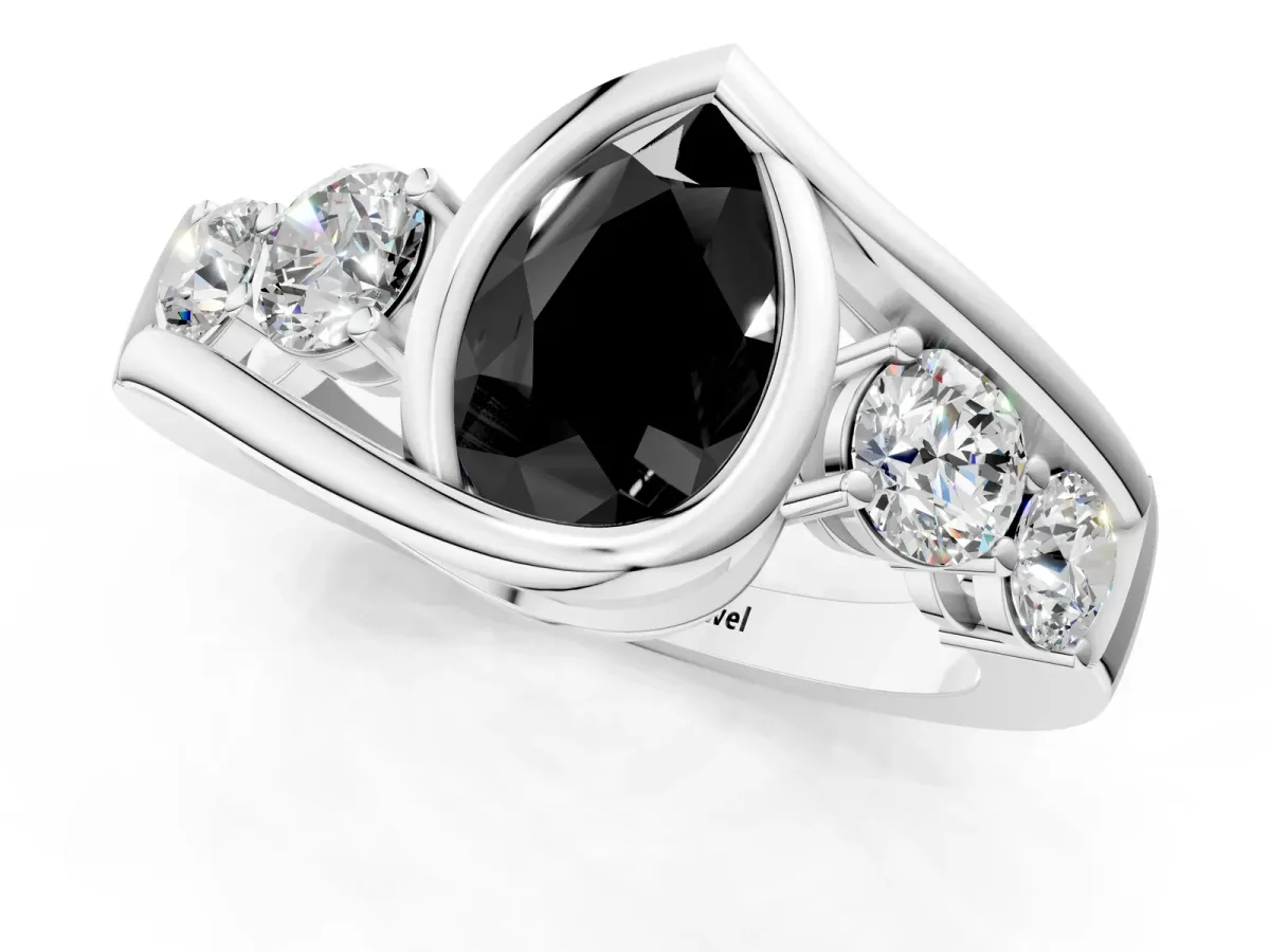 Fancy Black Bezel Set Pear Cut Diamond Bypass Ring with Round Accents Silver