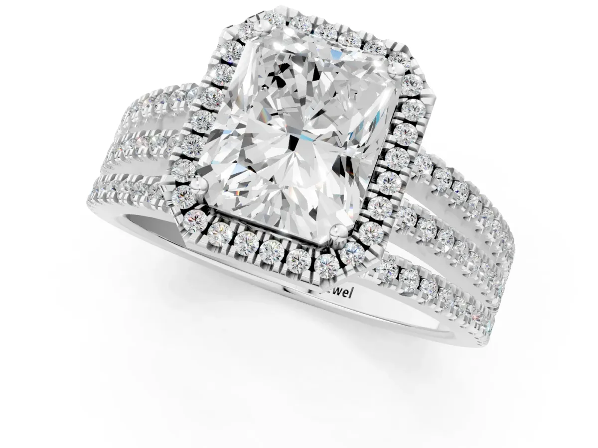 Radiant Cut Diamond Halo Engagement Ring with Split Shank and Four-Prong Setting Platinum