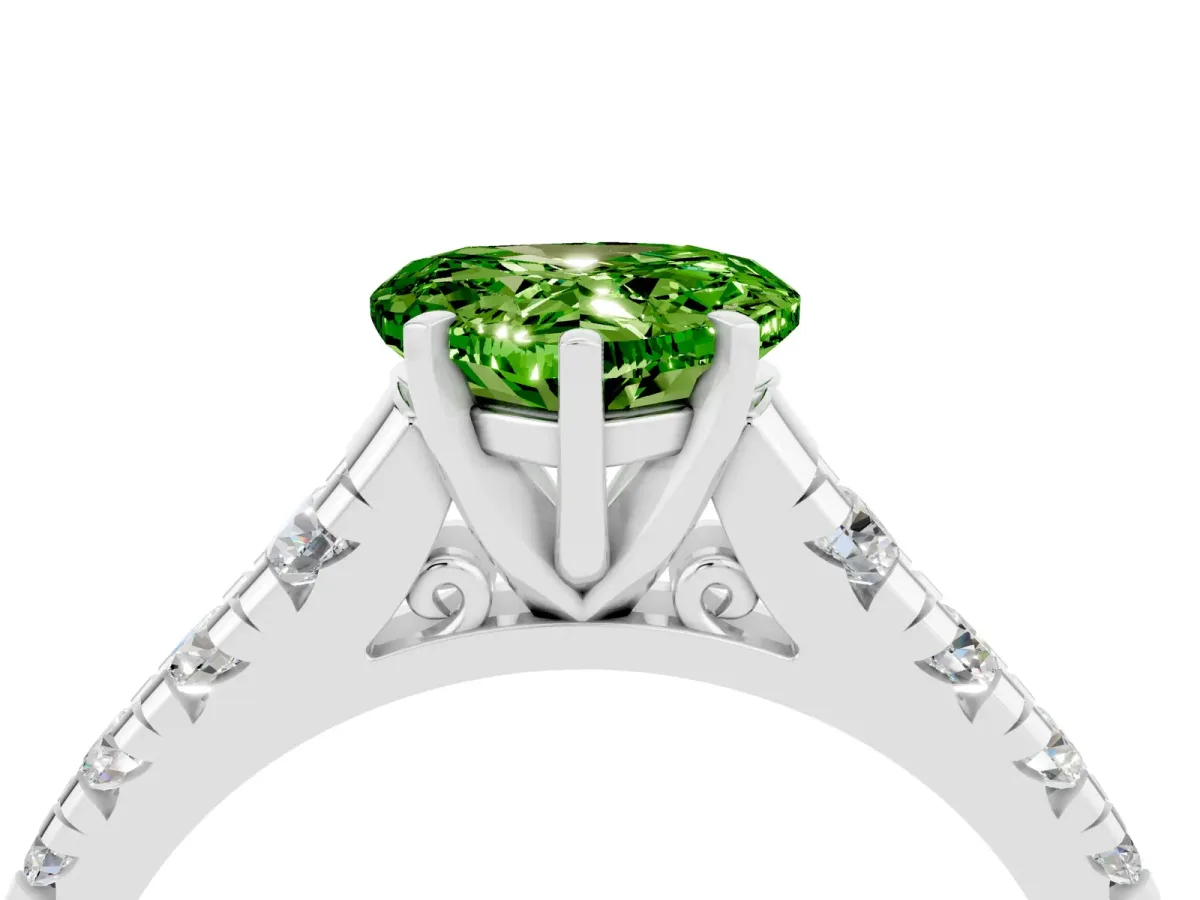 Heart Cut Peridot Cathedral Solitaire Ring with Round Pavé Band Silver