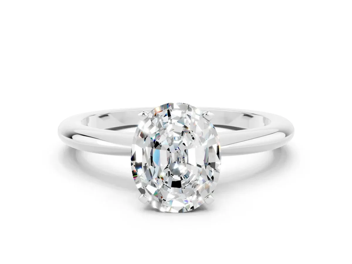 Oval Cut Moissanite Solitaire Ring with Six-Prong Setting and Classic Band Silver