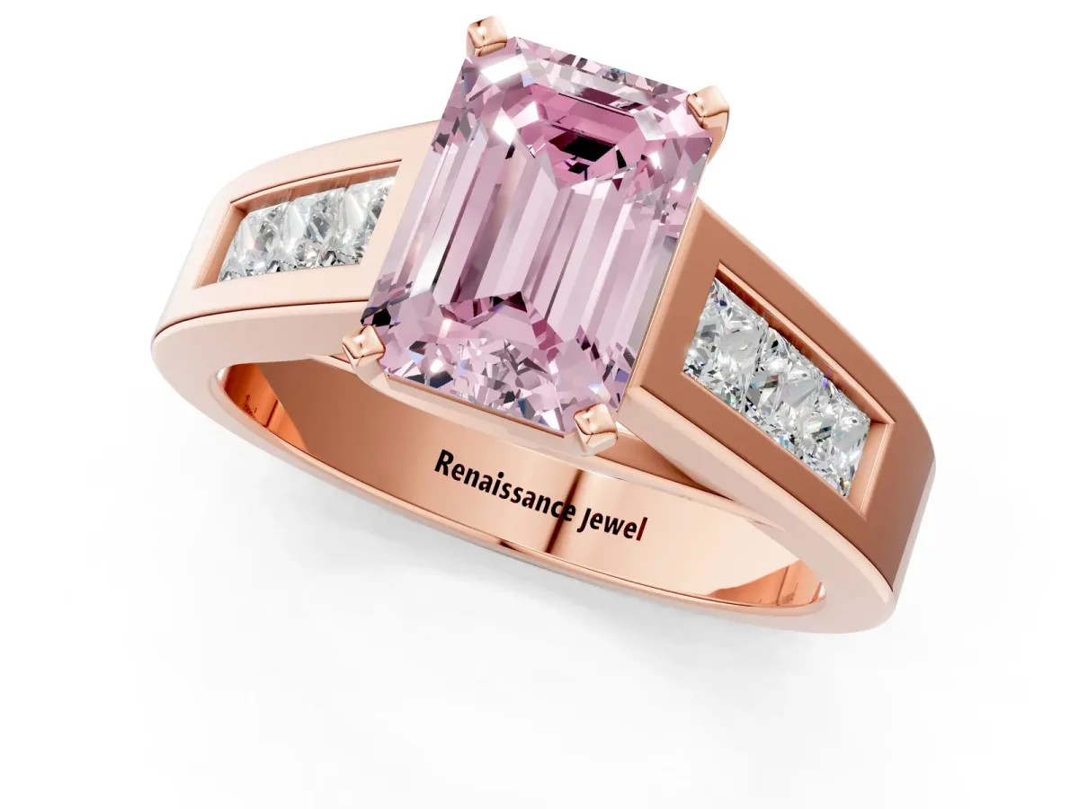 Fancy Pink Emerald Cut Cut Channel Set Solitaire Ring with Four-Prong Setting Rose gold