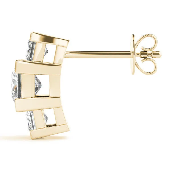 Three-Stone Princess Cut Channel Set Earrings with Bar Prong Setting Yellow gold