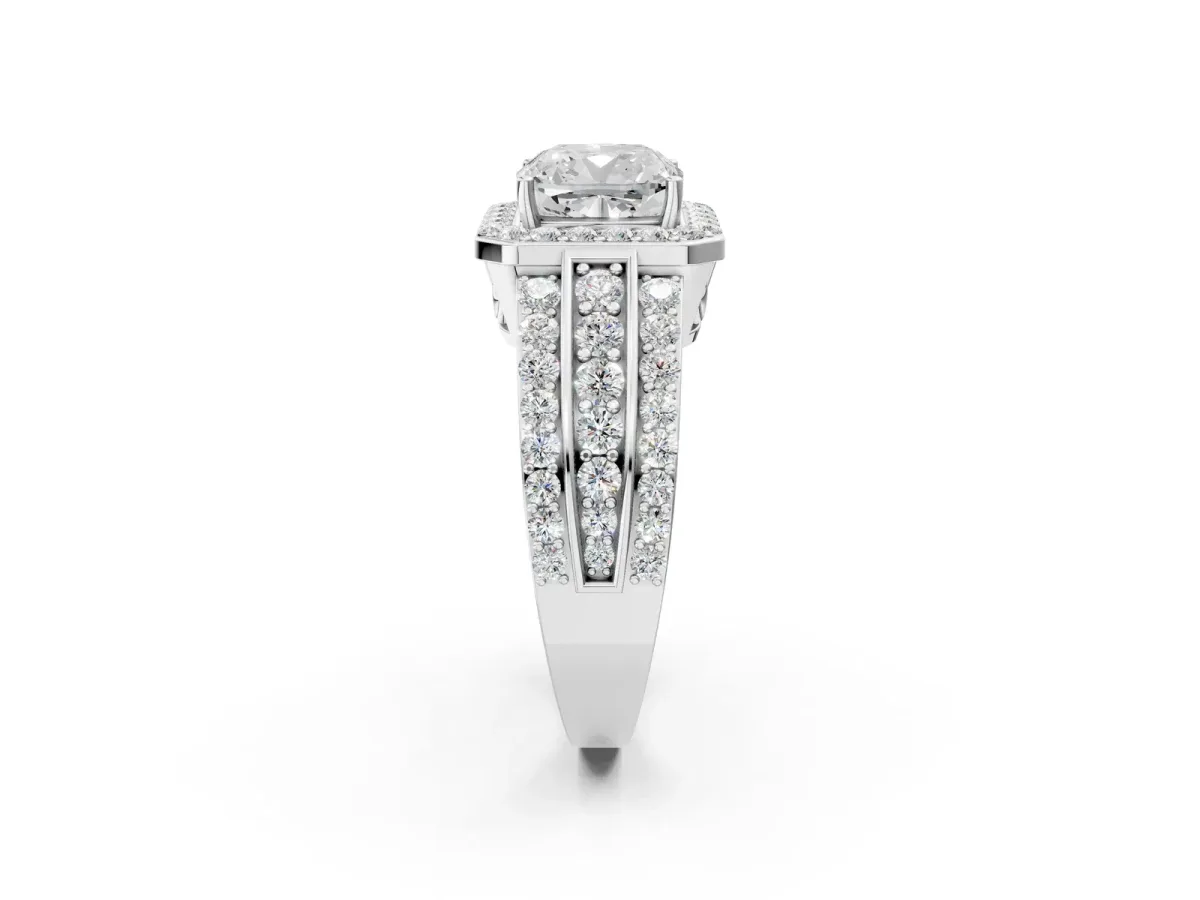 Cushion Cut Halo Diamond Ring with Round Moissanite Split Shank and Prong Setting Silver