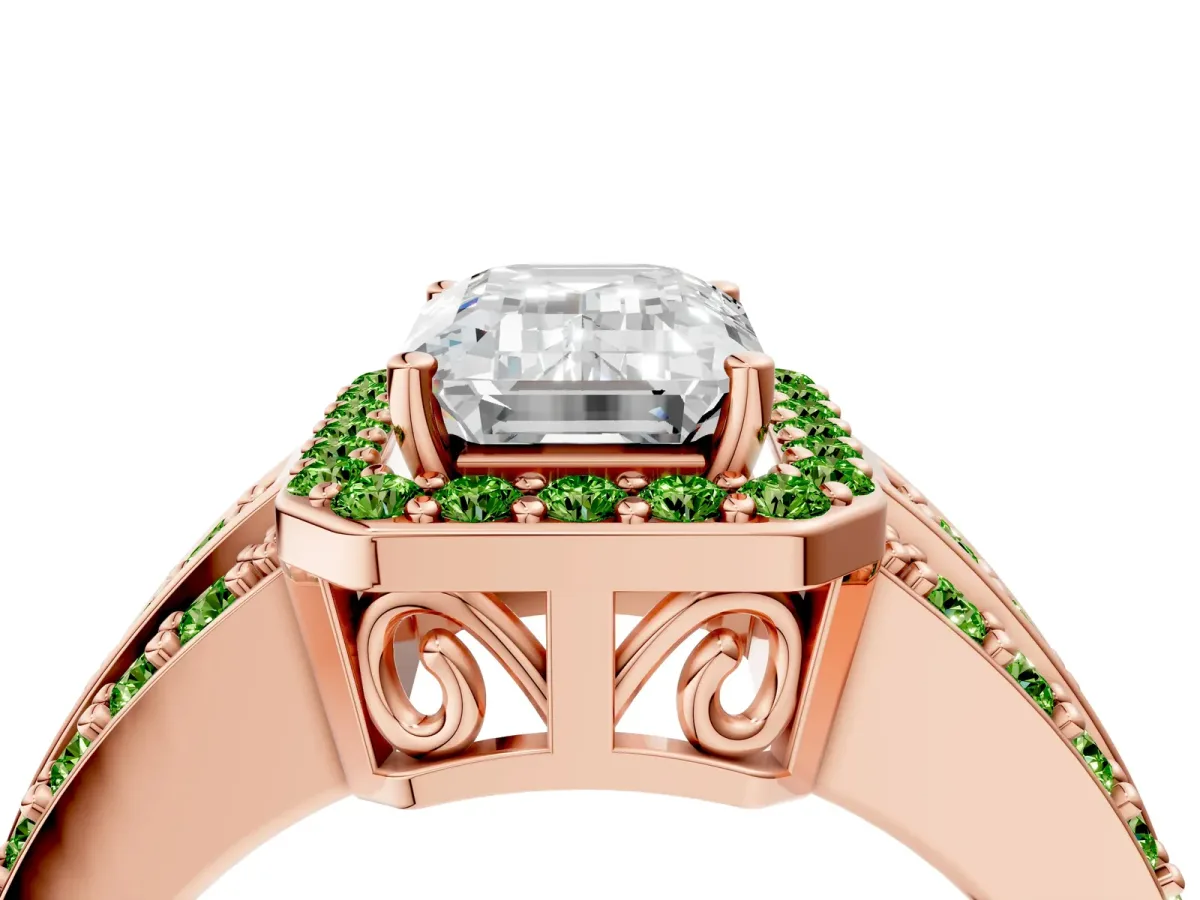 Emerald Cut Halo Diamond Ring with Round Peridot Split Shank and Prong Setting Rose gold