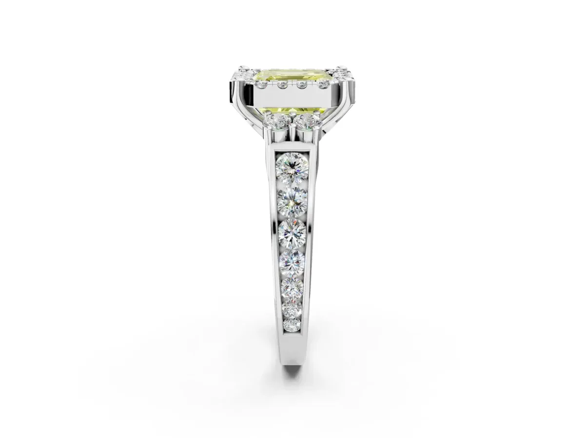 Fancy Yellow Asscher Cut Halo Diamond Engagement Ring with Split Shank and Four-Prong Setting Platinum