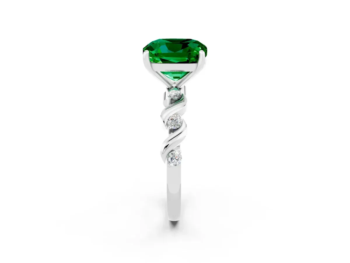 Cushion Cut Emerald Solitaire Twisted Band with Round Accents and Prong Setting Silver