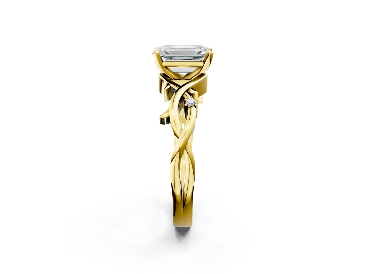 Emerald Cut Diamond Solitaire Ring with Twisted Band and Prong Setting Yellow gold