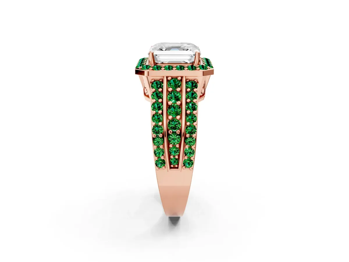 Asscher Cut Halo Diamond Ring with Round Emerald Split Shank and Prong Setting Rose gold