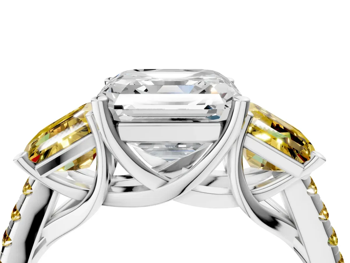 Three-Stone Asscher Cut Diamond Ring with Round Yellow Sapphire Pavé Band and Prong Setting Silver