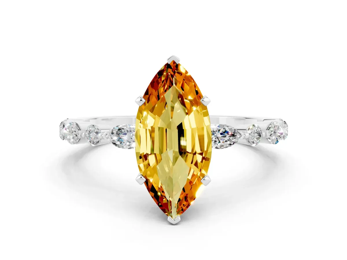 Marquise Cut Citrine Ring with Marquise and Round Side Stones and Four-Prong Setting Silver