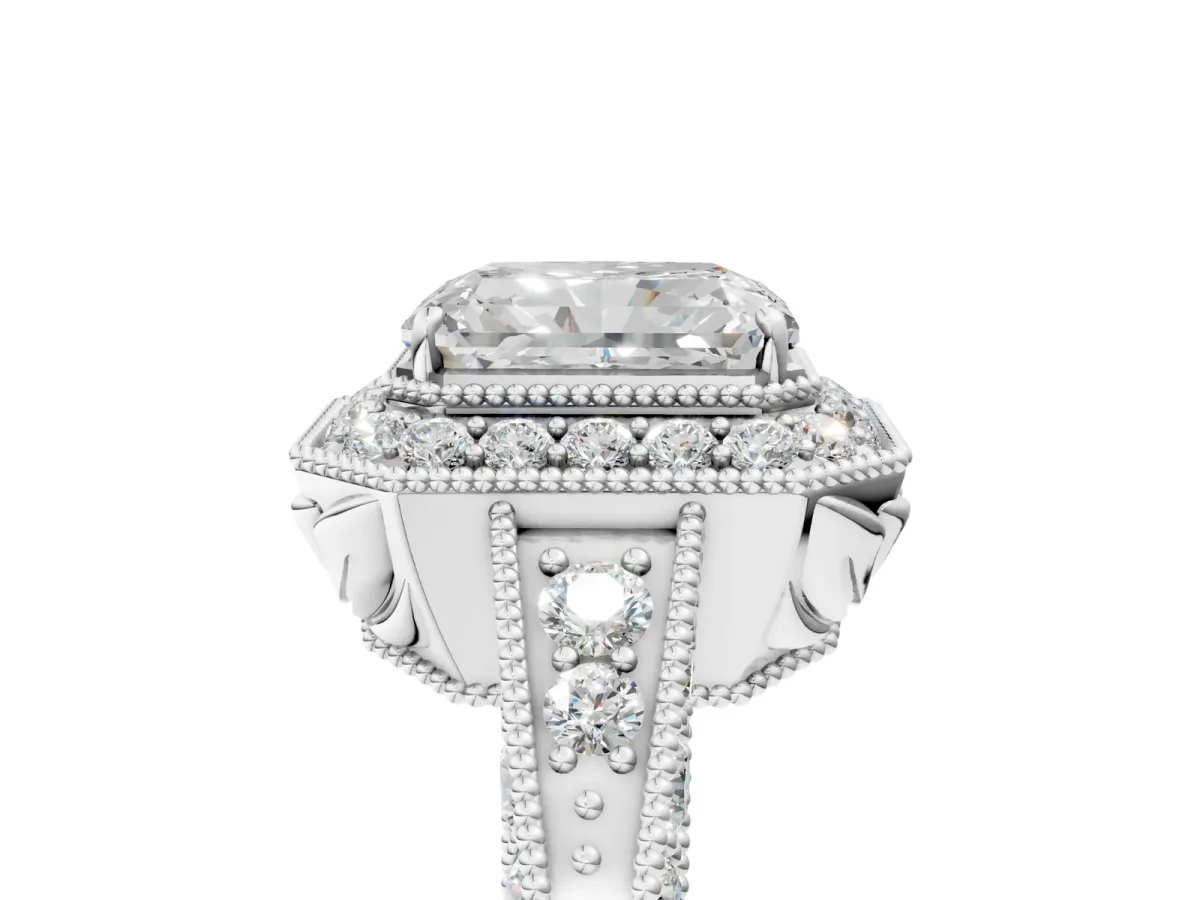Radiant Cut Halo Diamond Split Shank Ring with Milgrain Detail Platinum
